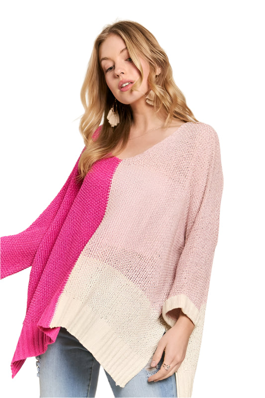 TEEK - Hot Pink Side Slit Color Block Long Sleeve Sweater TOPS TEEK Trend S/M