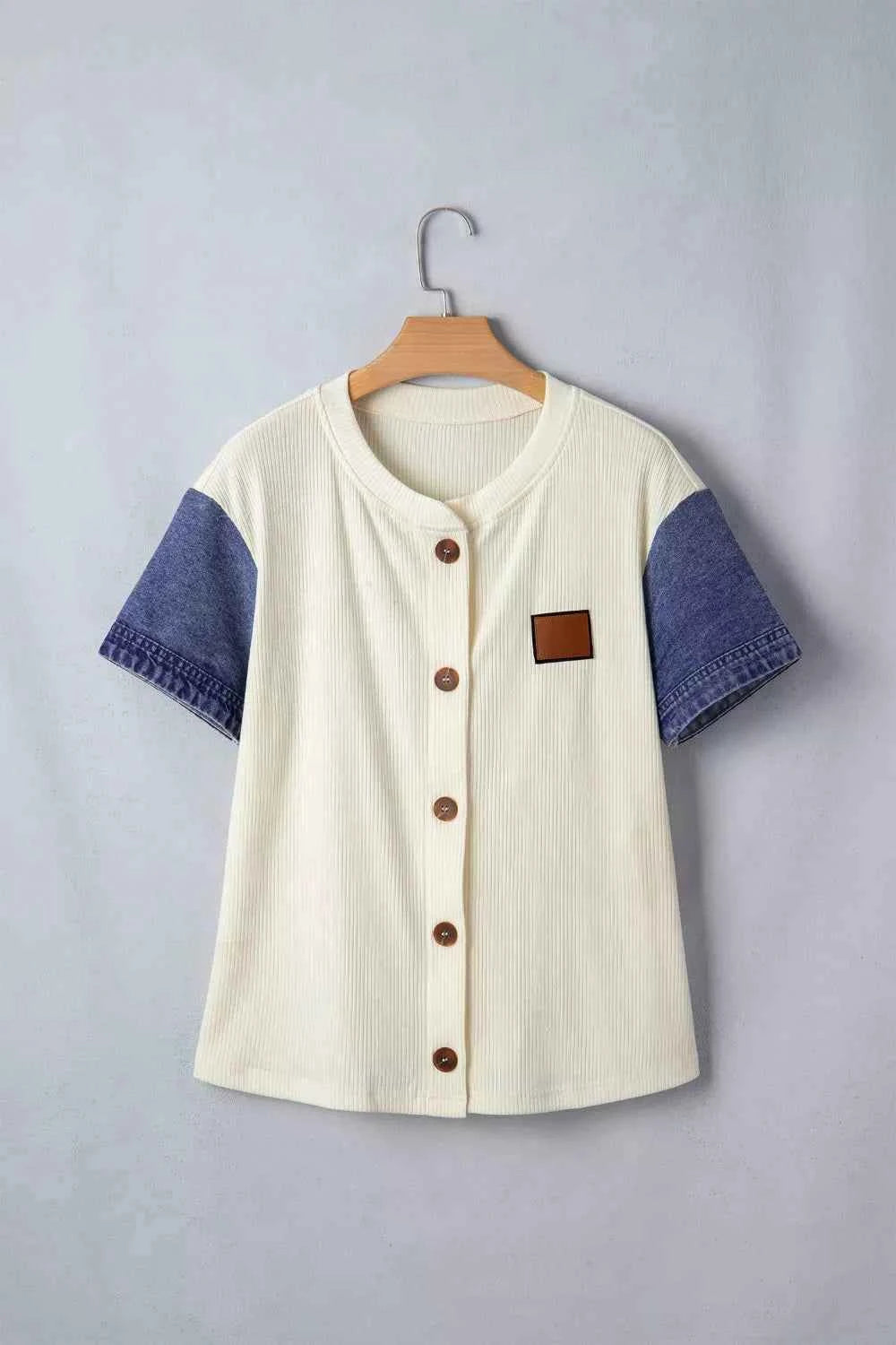 Ribbed Knit Button-Down Shirt with Denim Sleeves Trendsi