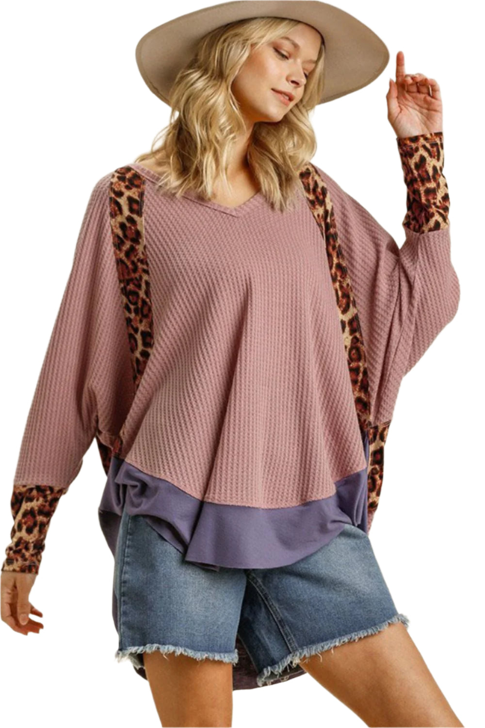 TEEK - Dusty Pink Leopard High-Low Dolman Sleeve Waffle Knit Top TOPS TEEK Trend S