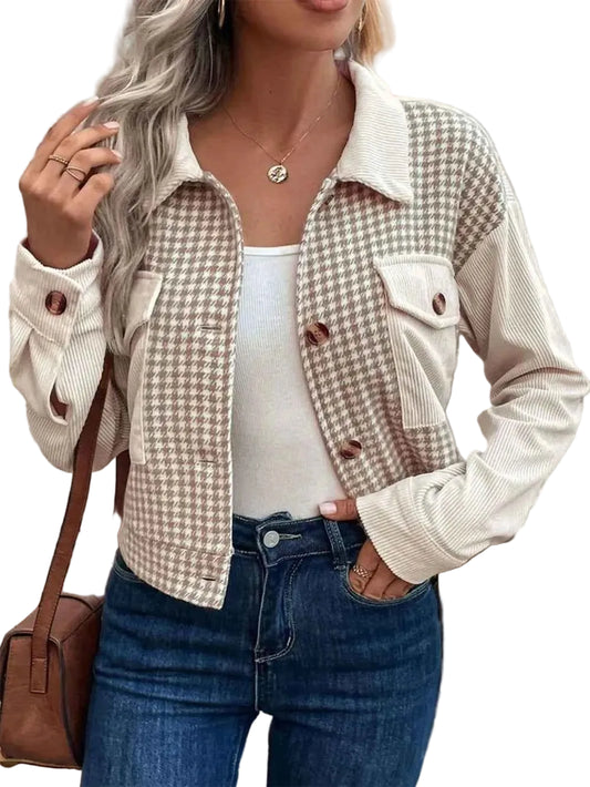 TEEK - Pocketed Houndstooth Long Sleeve Jacket JACKET TEEK Trend Beige M