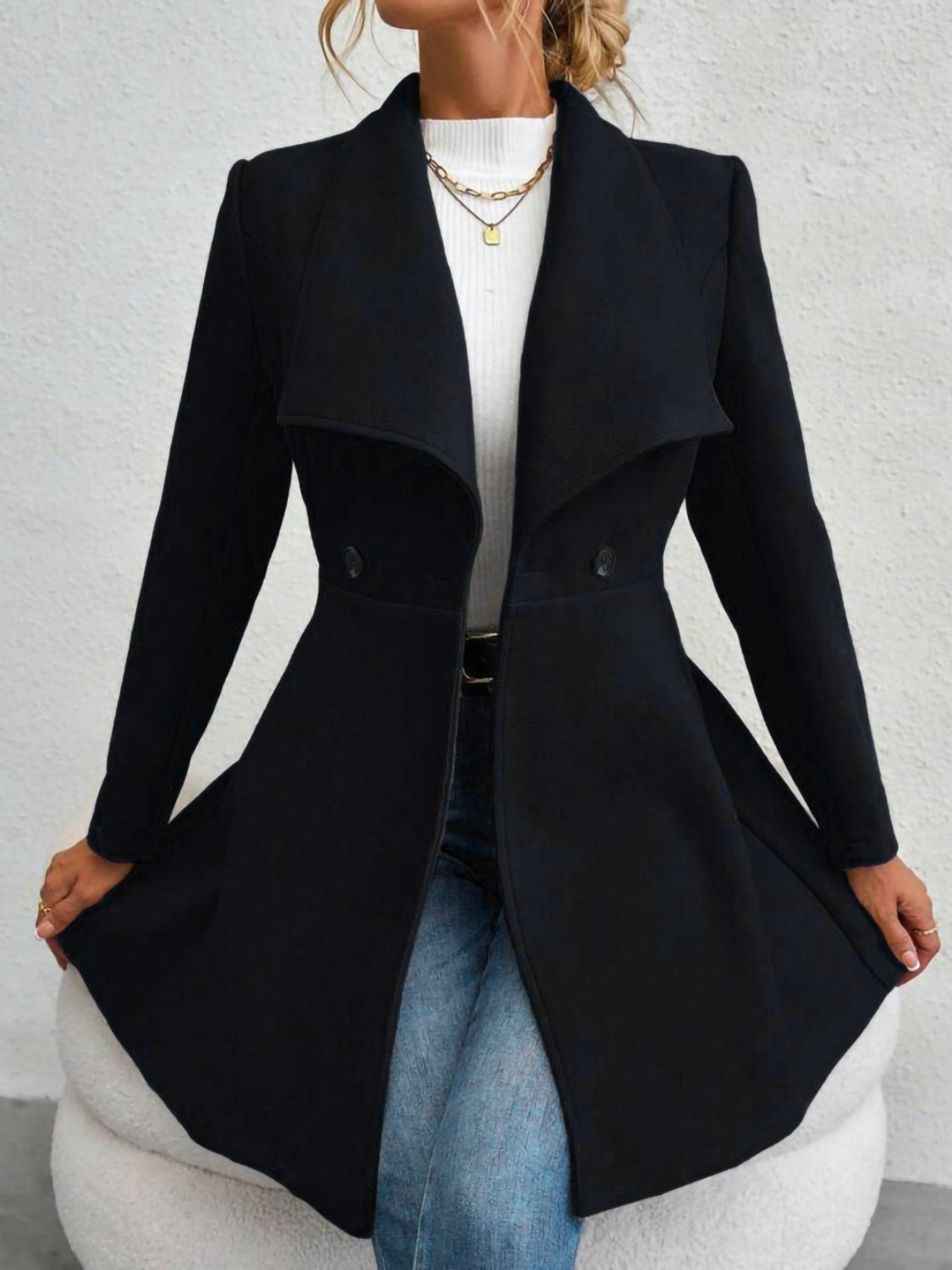 Collared Neck Button Up Long Sleeve Coat TEEK Trend Black S