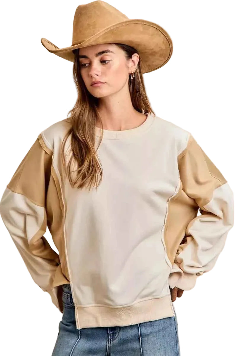 TEEK - French Terry Color Block Top With Open Seam Detail Trendsi IVORY/SAND S