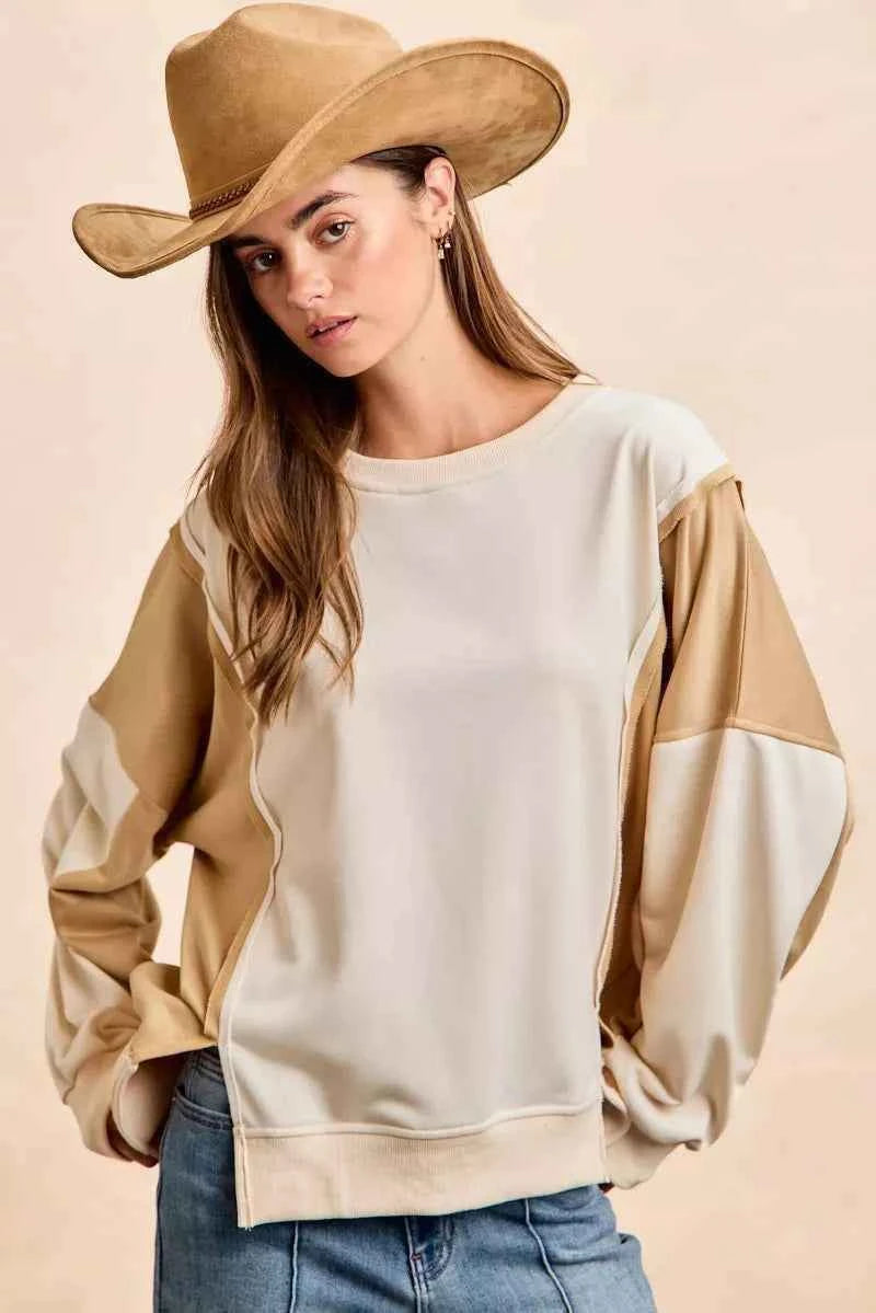 TEEK - French Terry Color Block Top With Open Seam Detail Trendsi