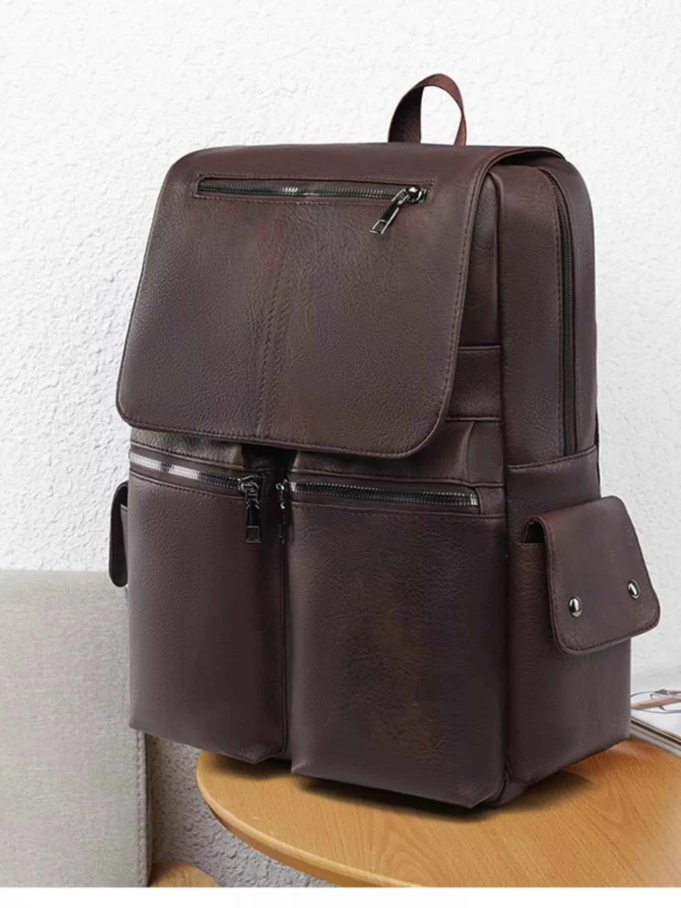 TEEK - Leather Flapover Backpack Bag BAG TEEK Trend Brown One Size