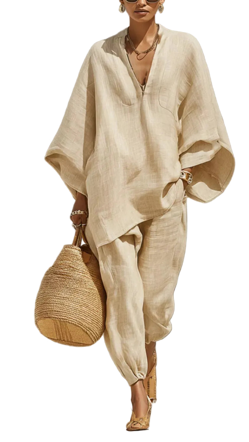 Relaxed Fit Top and Pants Two-Piece Set Trendsi Beige S