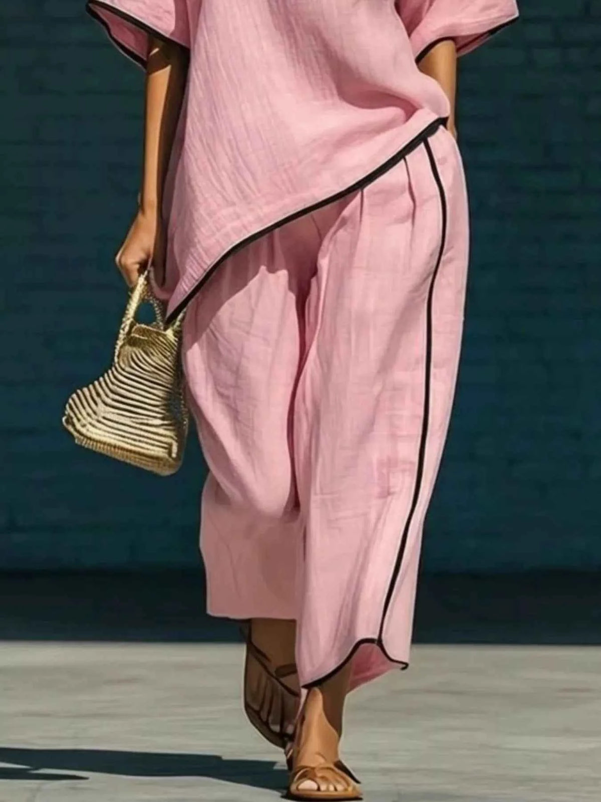 Full Size Contrast Trim Half Sleeve Top and Pants Set Plus Size Trendsi