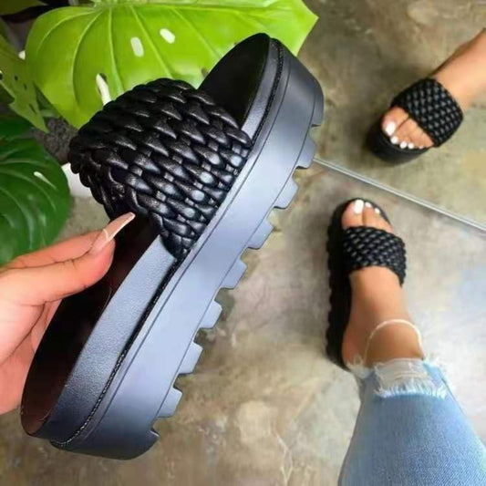 PU Leather Open Toe Platform Sandals  Trendsi Black 35(US4) 