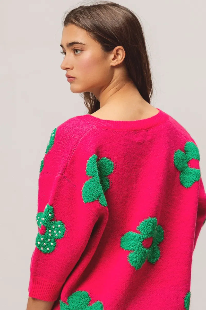 TEEK - Fuchsia Jade Pearl Beads Flowers Sweater Top TOPS TEEK Trend