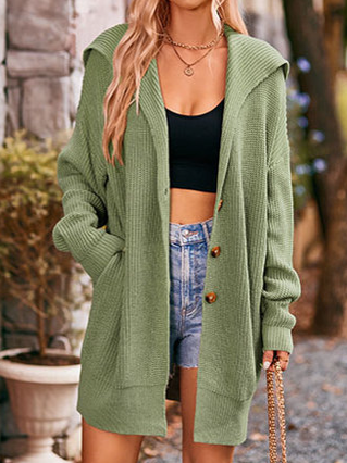 TEEK - Collared Three-Button Pocketed Cardigan SWEATER TEEK W Green S 