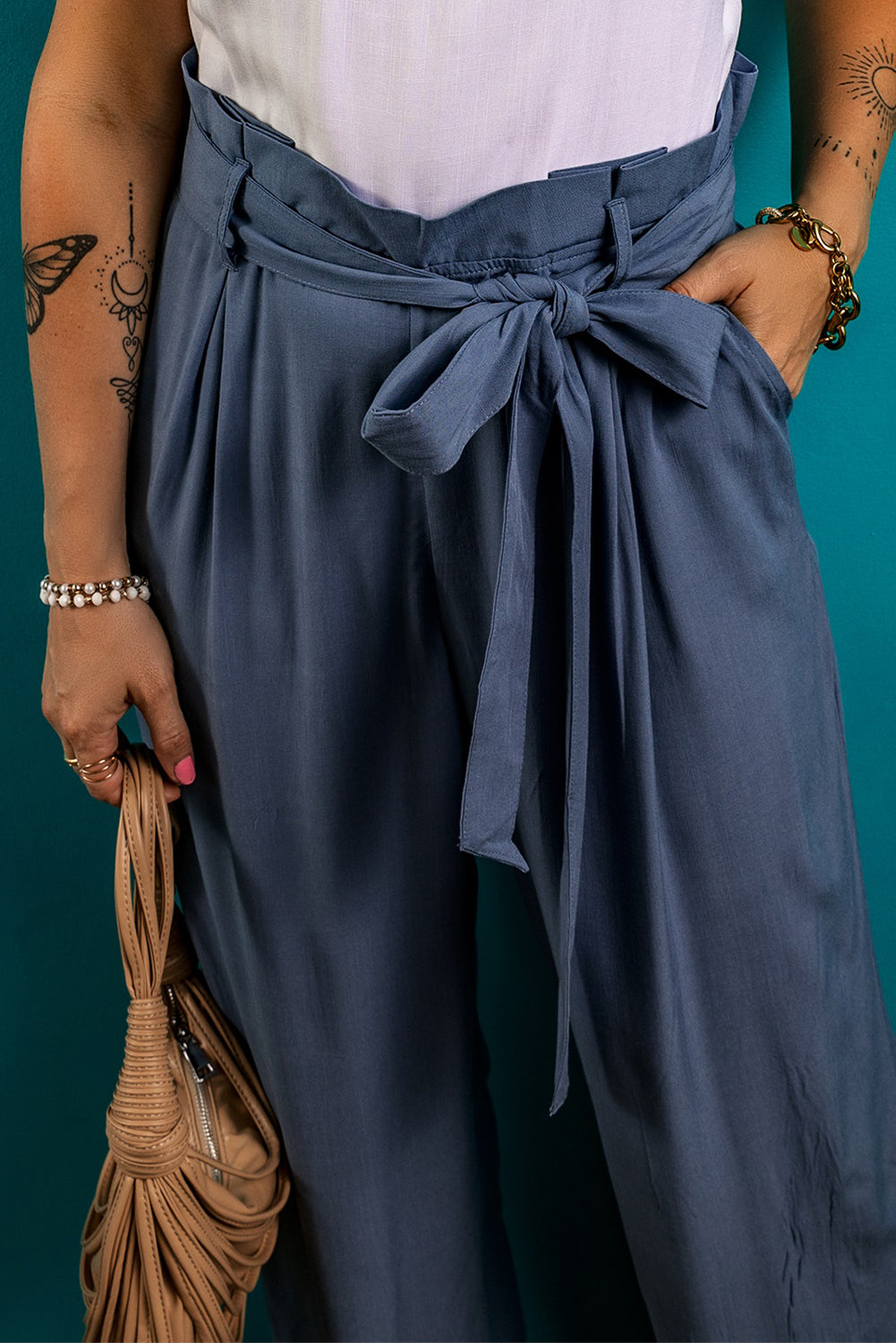 TEEK - Dusty Blue Tied Wide Leg Pocketed Pants PANTS TEEK Trend   