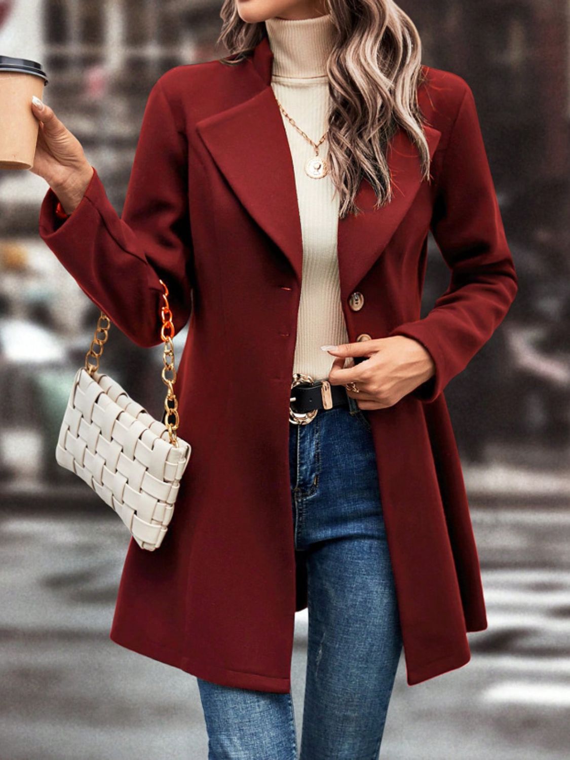 Collared Neck Button Up Long Sleeve Coat TEEK Trend