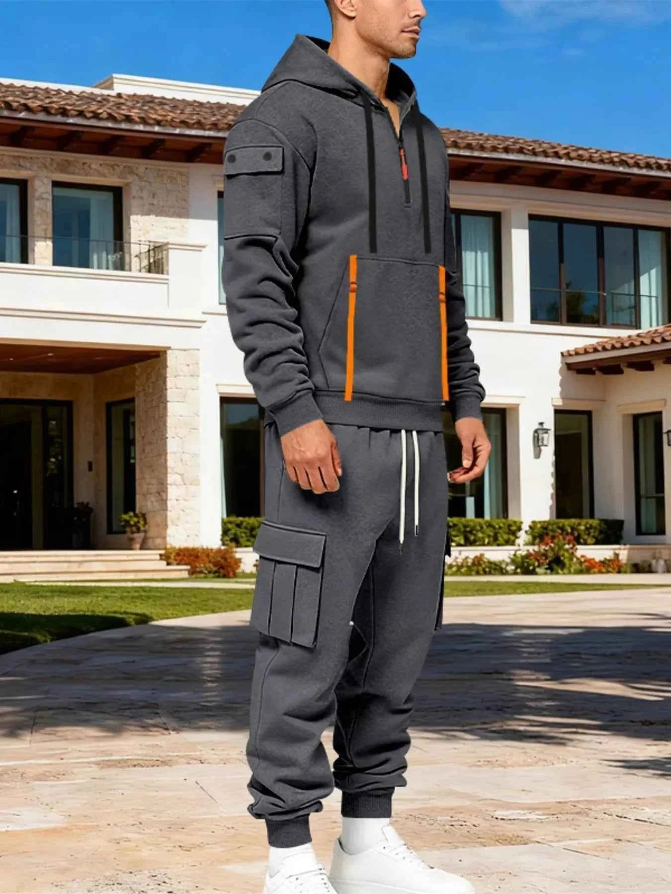 TEEK - Mens Full Size Half Zip Hoodie and Cargo Pants Set SET TEEK Trend Dark Gray S