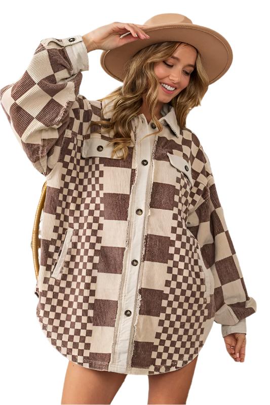 BiBi Checkered Button Down Corduroy Shacket TEEK Trend Mocha S