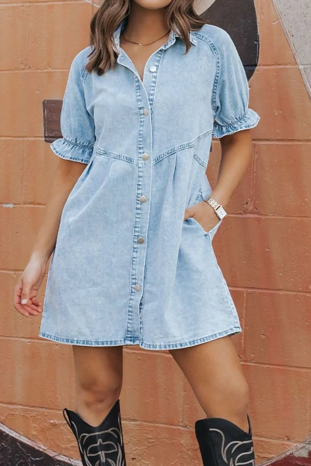 TEEK - Light Mineral Wash Ruffle Sleeve Denim Dress DRESS TEEK Trend