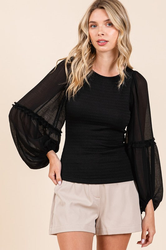 TEEK - Black Mixed Texture Knit Chiffon Long Sleeve Top TOPS TEEK Trend
