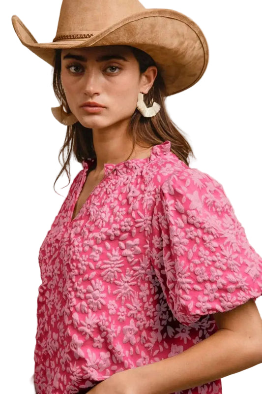 TEEK - Floral Pattern Texture Short Balloon Sleeves Ruffled Blouse TOPS TEEK Trend FUCHSIA S