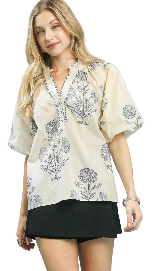TEEK - Floral Print V-Neck Top TOPS TEEK Trend ECRU / BLACK S