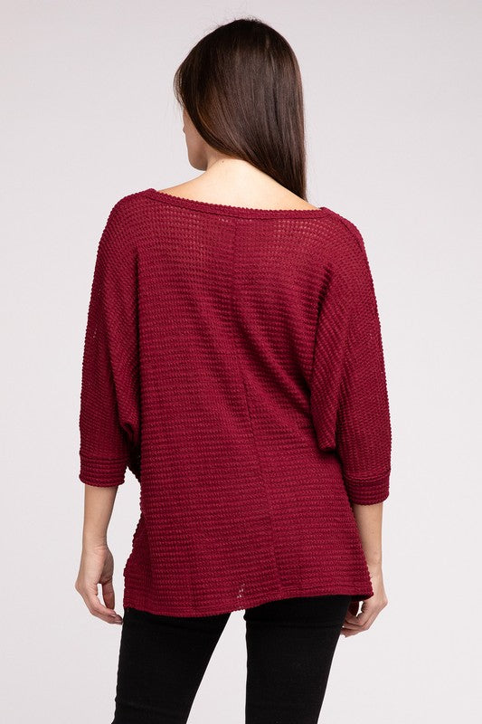 TEEK - 3/4 Sleeve V-Neck Hi-Low Hem Jacquard Sweater SWEATER TEEK FG   