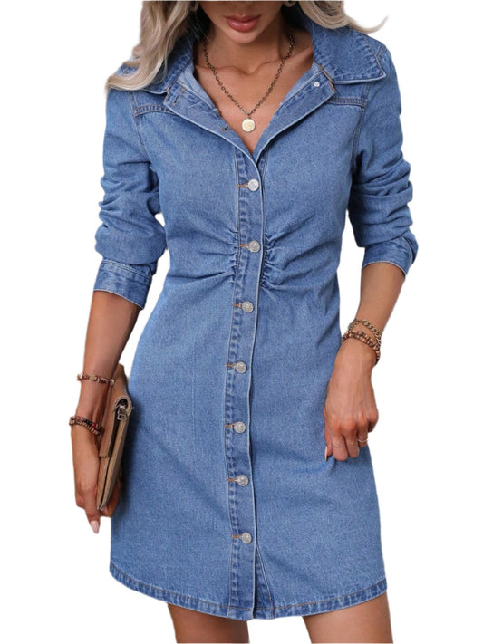 TEEK - Ruched Button Up Long Sleeve Medium Wash Denim Dress DRESS TEEK Trend XS  