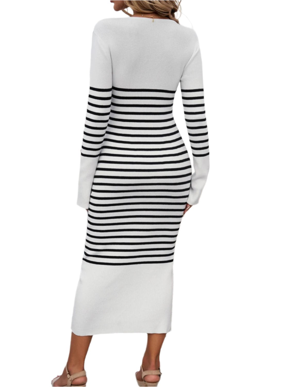 TEEK - Devine Striped V-Neck Long Sleeve Sweater Dress  TEEK Trend   