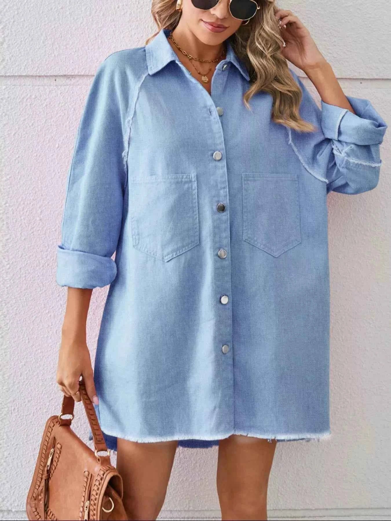 TEEK - Button-Down Raw Hem Denim Dress DRESS TEEK Trend Light Blue S