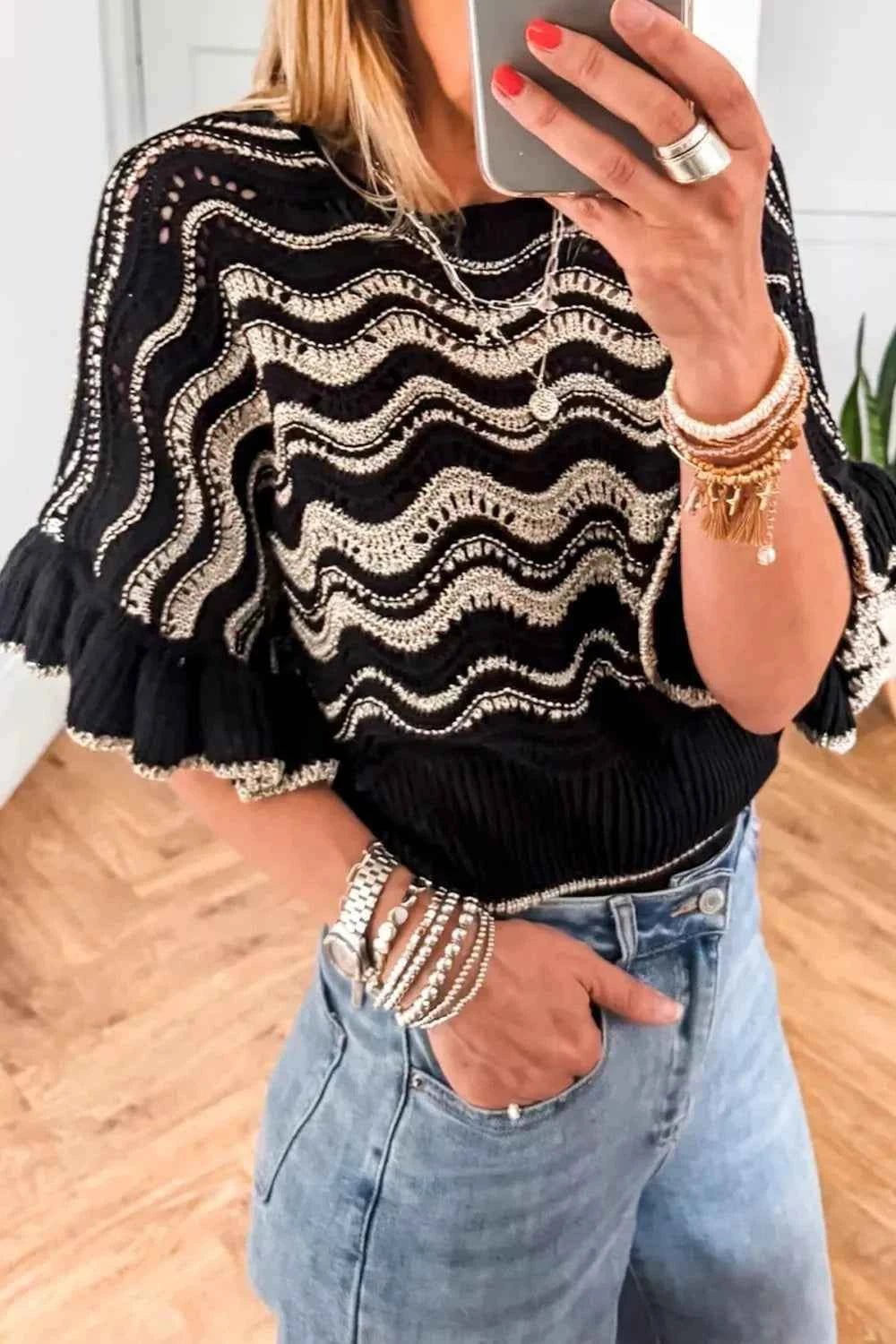 TEEK - Wave Pattern Ruffle Sleeve Sweater TOPS TEEK Trend