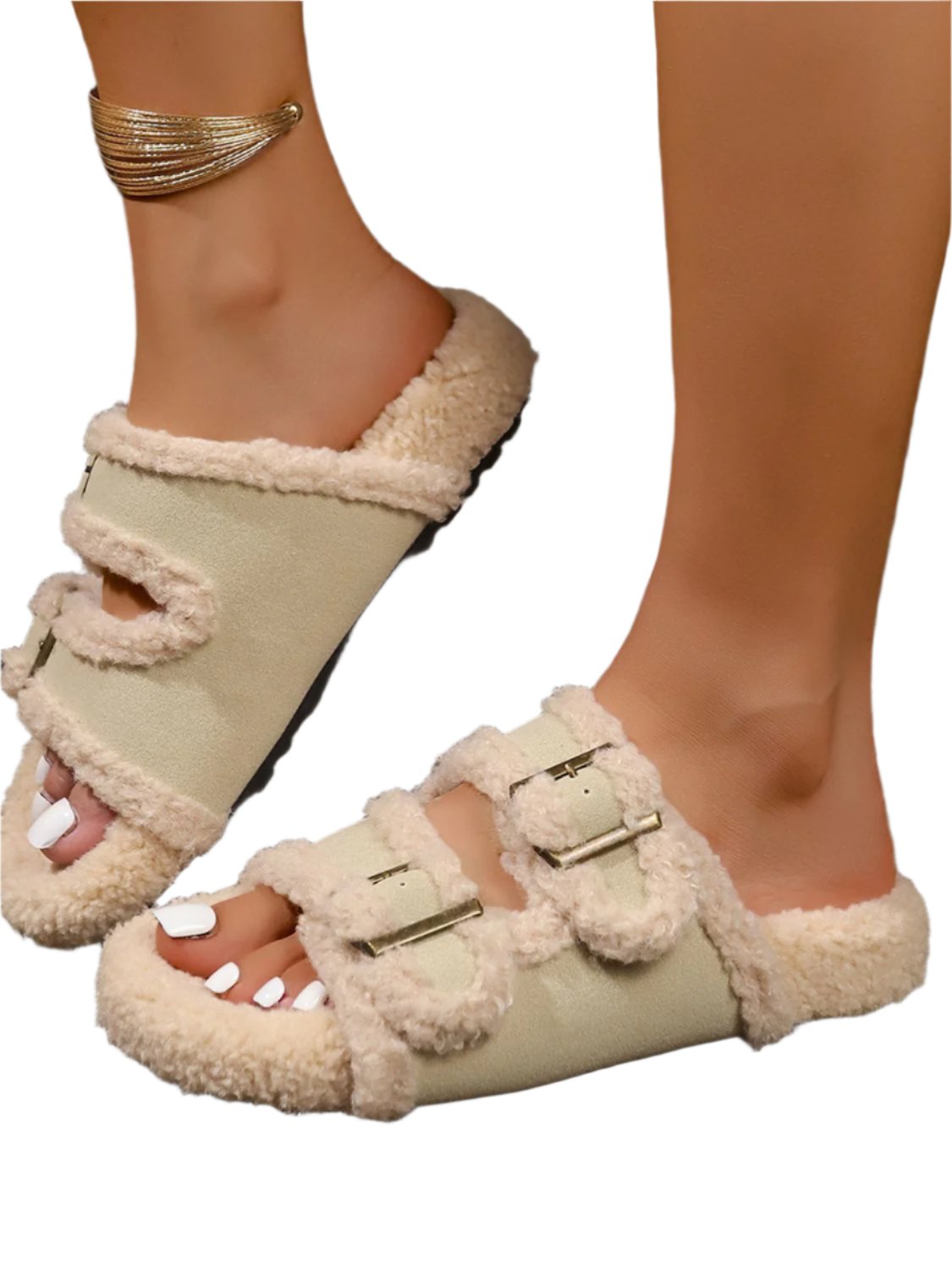 TEEK - Faux Fur Contrast Open Toe Slippers SHOES TEEK Trend Beige 35(US5.5)