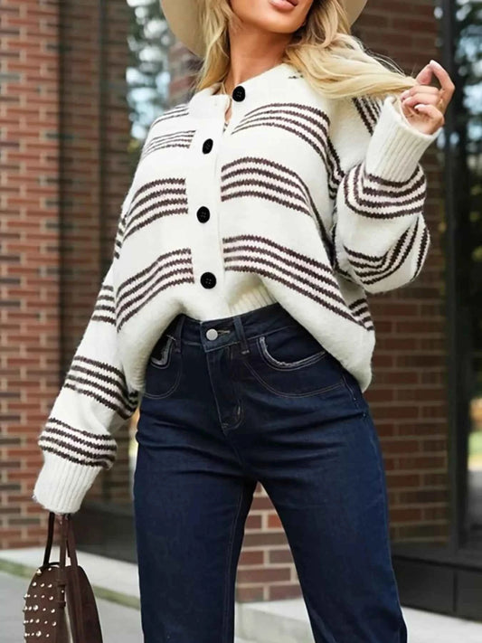 Striped Button-Down Knit Cardigan Trendsi
