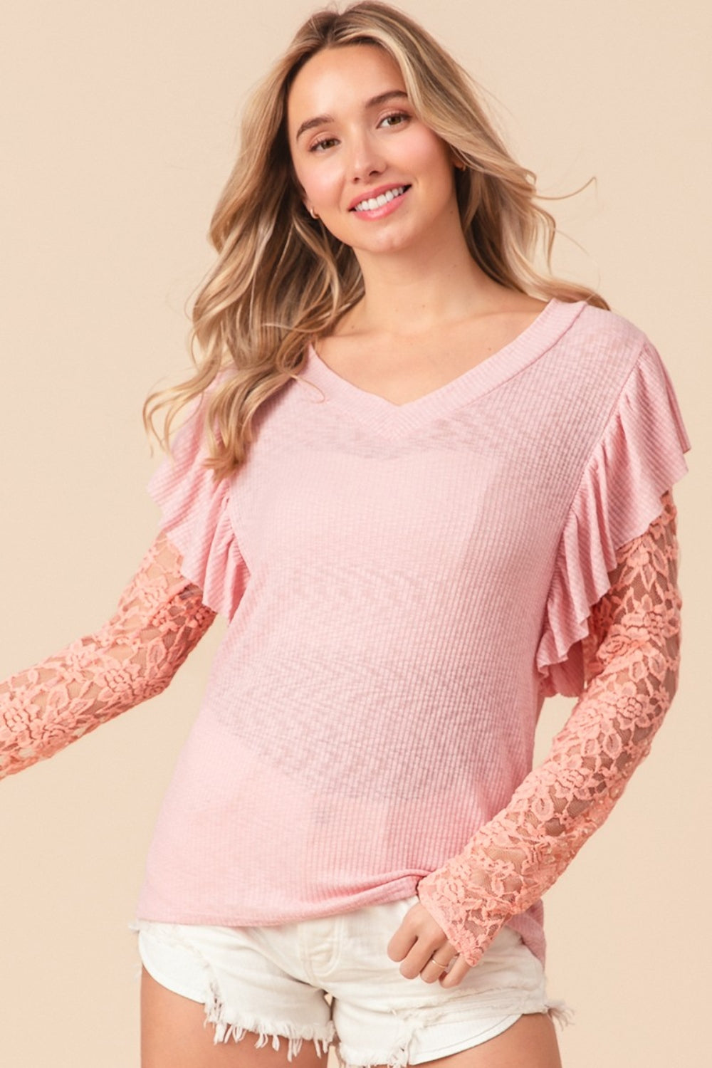 TEEK - Blush Pink Ruffled Lace Sleeve Rib Knit Top TOPS TEEK Trend   