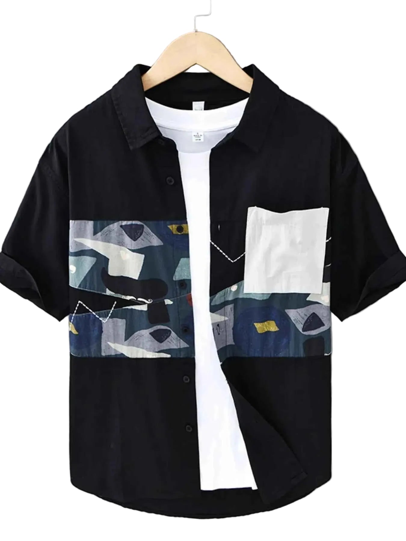 Men's Plus Size Abstract Patchwork Short Sleeve Shirt Trendsi Black M
