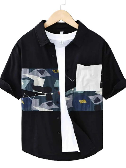 Men's Plus Size Abstract Patchwork Short Sleeve Shirt Trendsi Black M