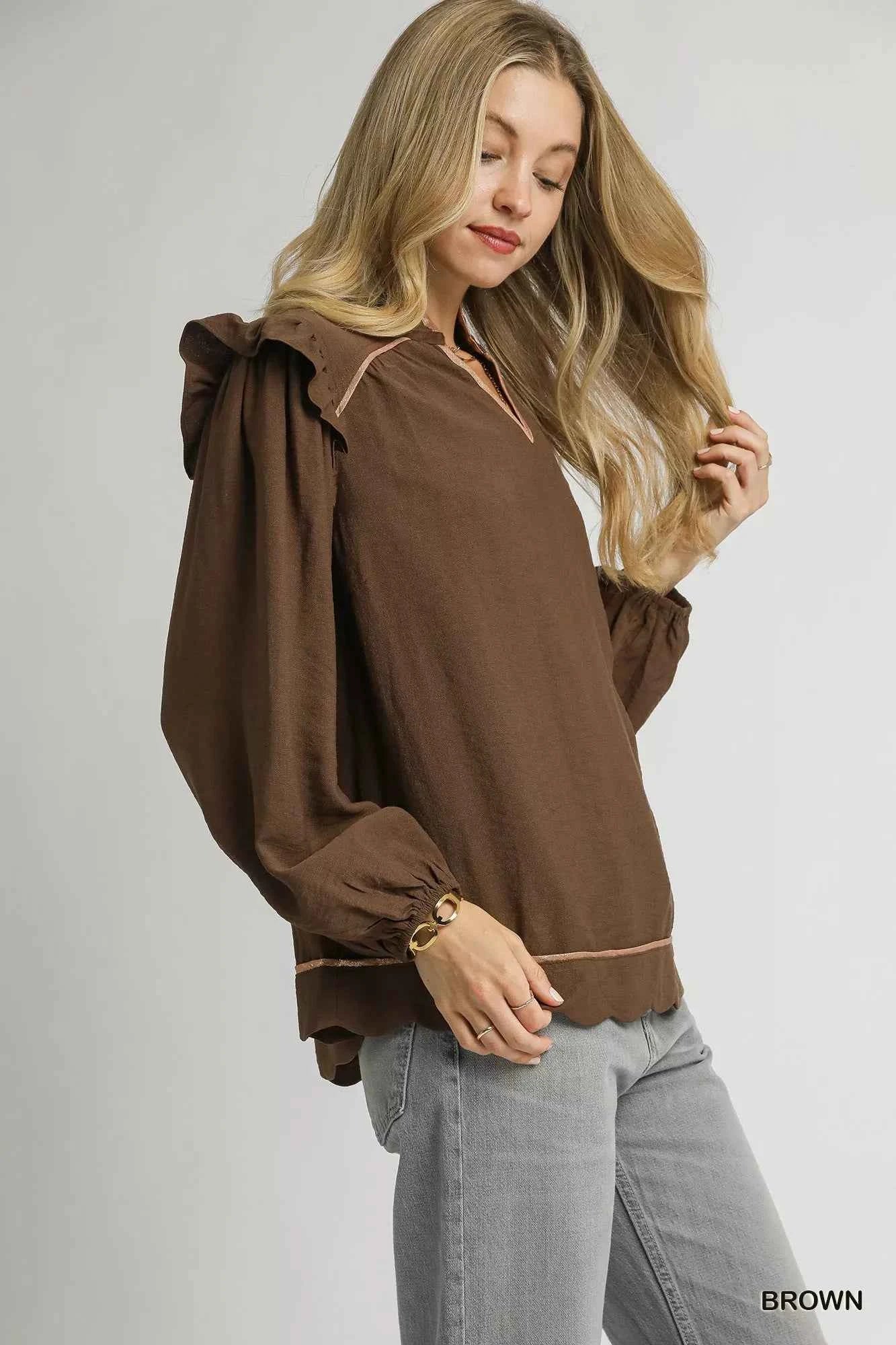 TEEK - Ruffle Shoulder Long Sleeve Blouse TOPS TEEK Trend
