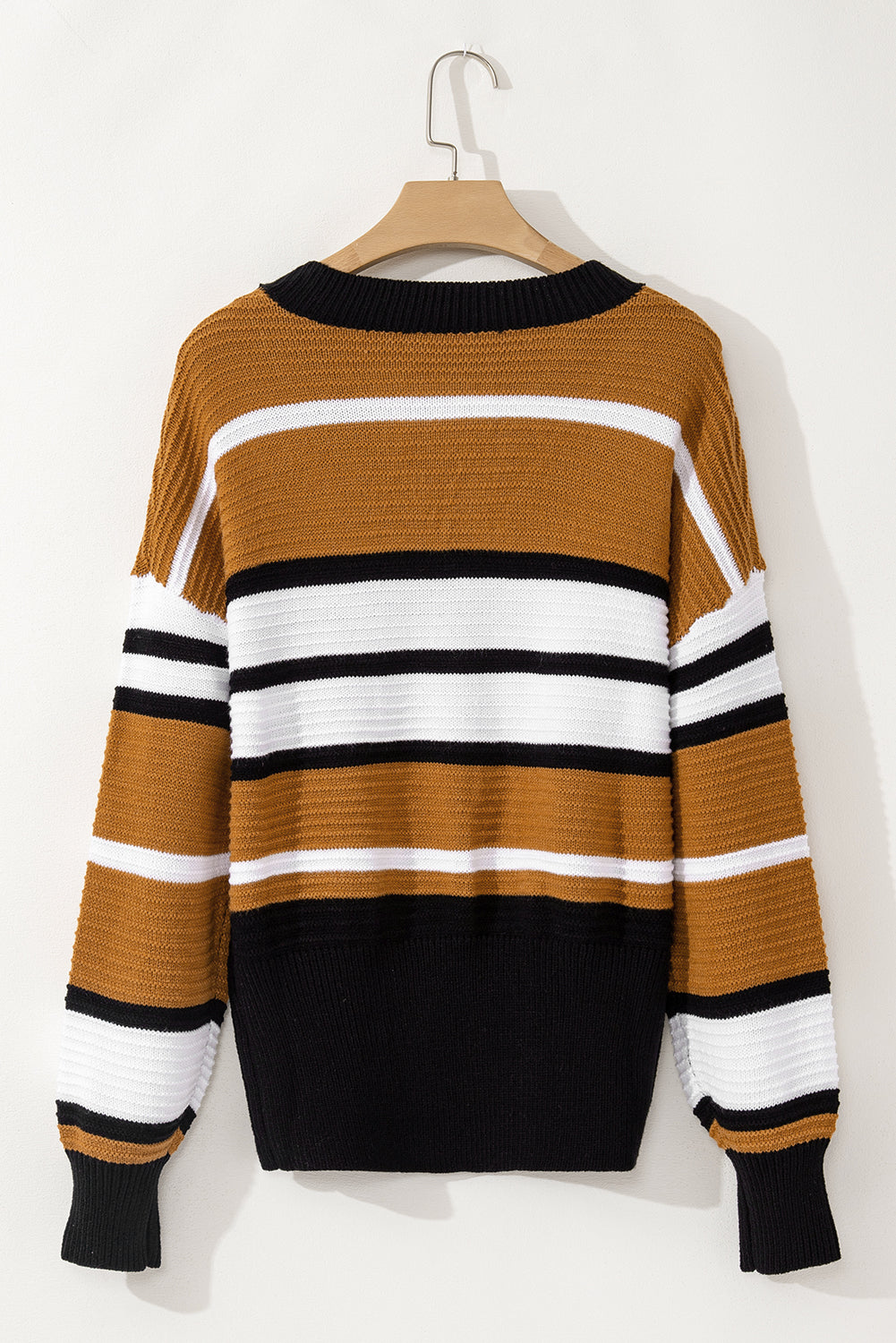 TEEK - Brown Contrast Stripes V Neck Long Sleeve Sweater TOPS TEEK Trend