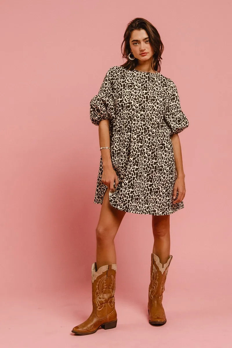TEEK - Off White Leopard Back Contrast Tie Denim Dress DRESS TEEK Trend