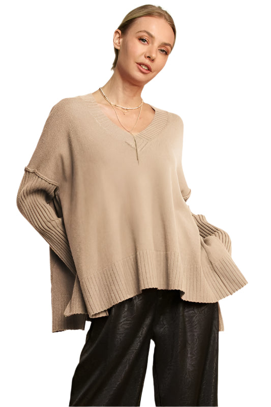 TEEK - Tan Ribbed Side Slit V-Neck Sweater TOPS TEEK Trend S