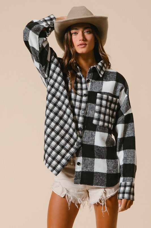 TEEK - Black Plaid Fleece Button Down Long Sleeve Shirt TOPS TEEK Trend