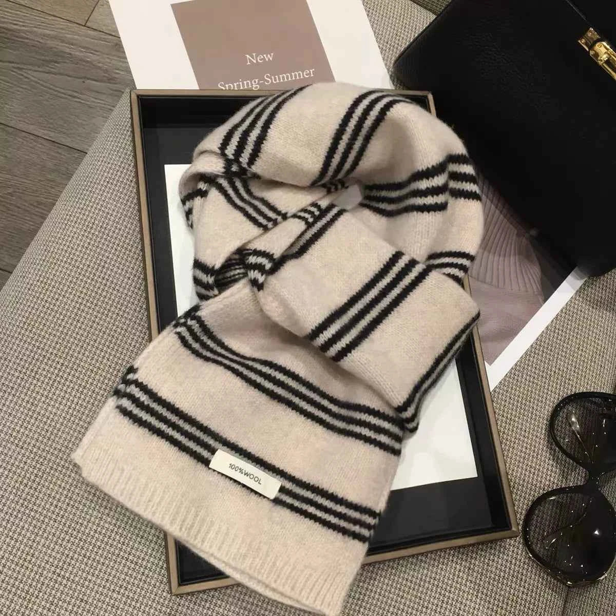 Wool Striped Contrast Knit Warm Scarf Trendsi Off-white ONESIZE