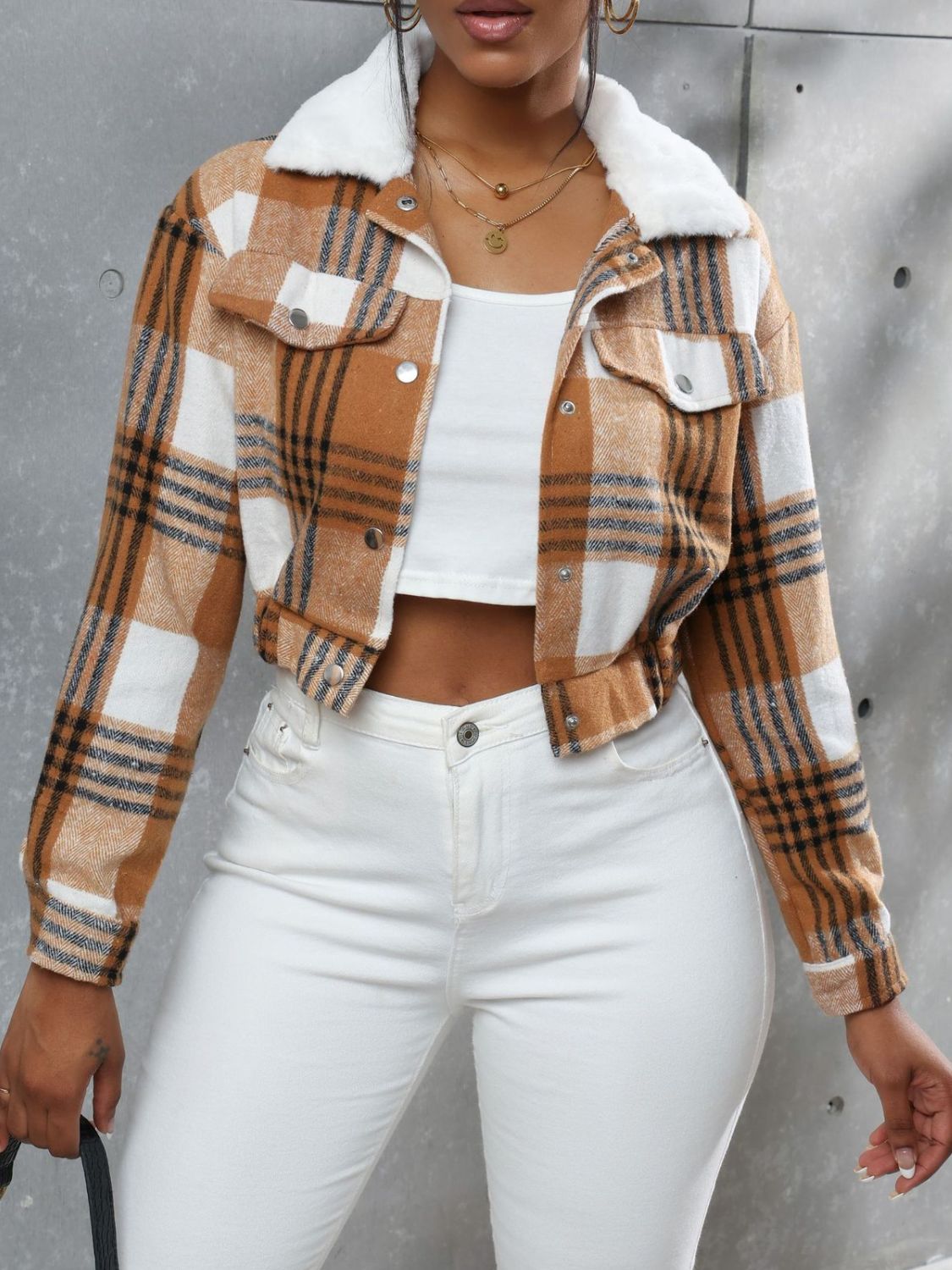 TEEK - Plaid Snap Down Collared Neck Cropped Jacket JACKET TEEK Trend Tan S