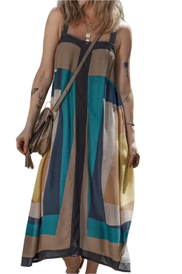 TEEK - Brown Color Block Square Neck Wide Strap Dress DRESS TEEK Trend S