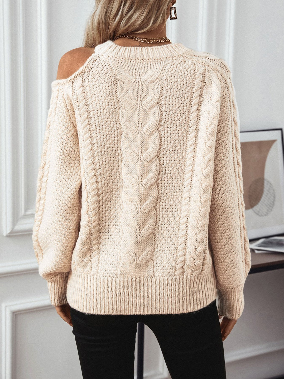 TEEK - Cable Knit Round Neck Cold Shoulder Sweater SWEATER TEEK Trend