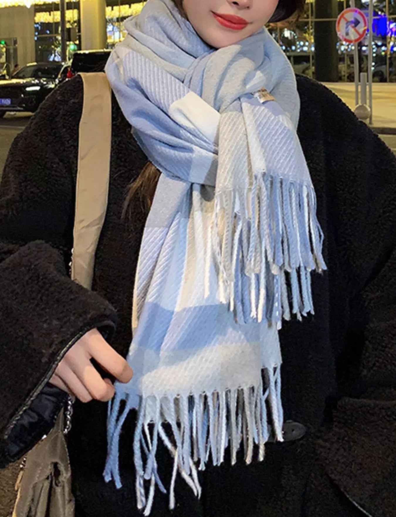 Fringe Plaid Scarf Trendsi Blue One Size