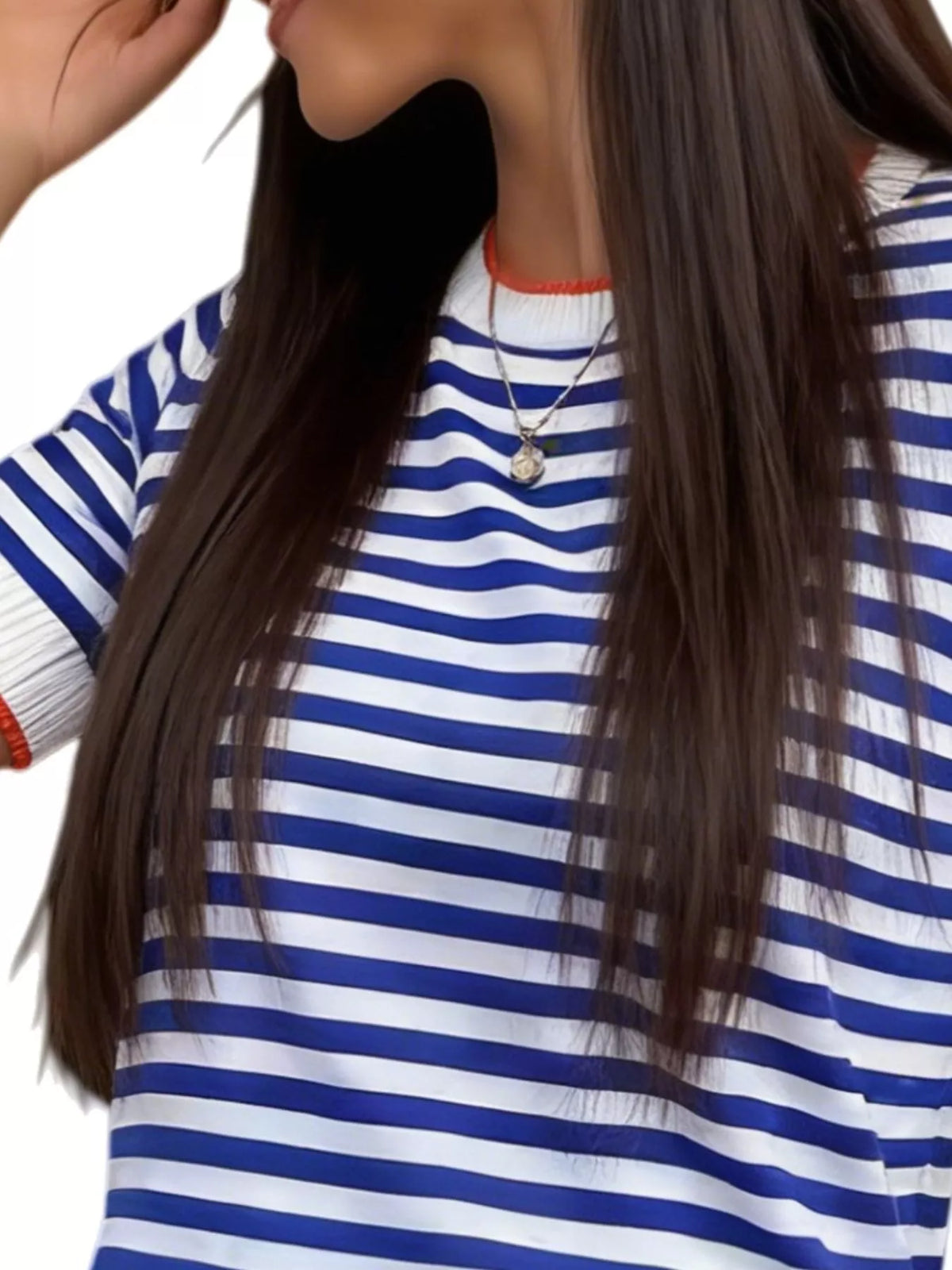 Contrast Trim Striped Short Sleeve Knit Top Trendsi