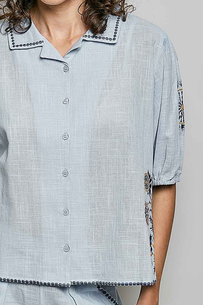 POL Button Down Embroidered Floral Short Sleeve Shirt Trendsi