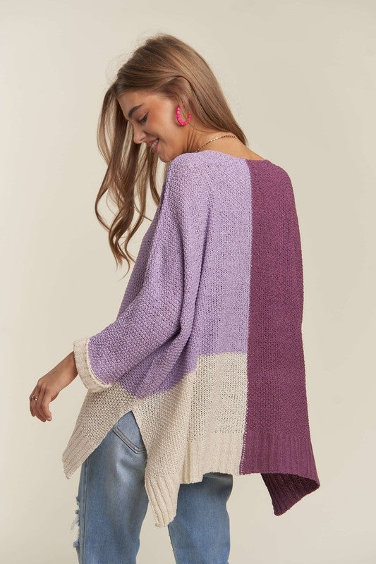 TEEK - Deep Purple Side Slit Color Block Long Sleeve Sweater TOPS TEEK Trend