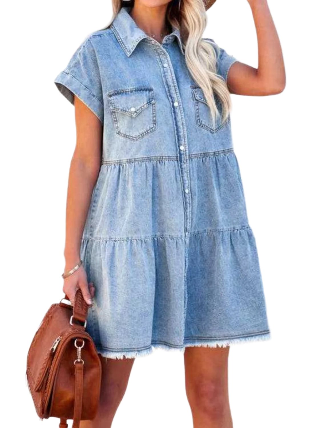 TEEK - Raw Hem Short Sleeve Denim Dress DRESS TEEK Trend S  