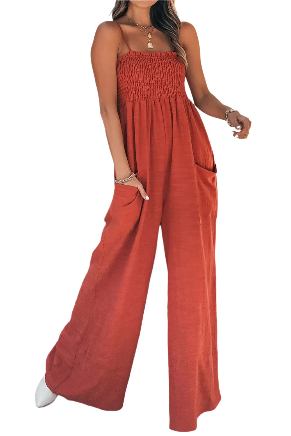 TEEK - Smocked Spaghetti Strap Wide Leg Jumpsuit JUMPSUIT TEEK Trend Red Orange S 