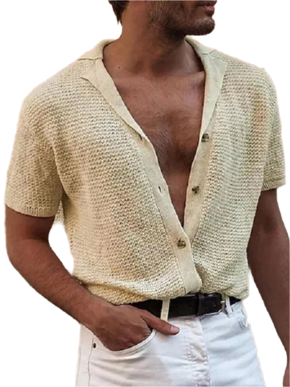 TEEK - Mens Button Down Short Sleeve Shirt TOPS TEEK Trend Beige S