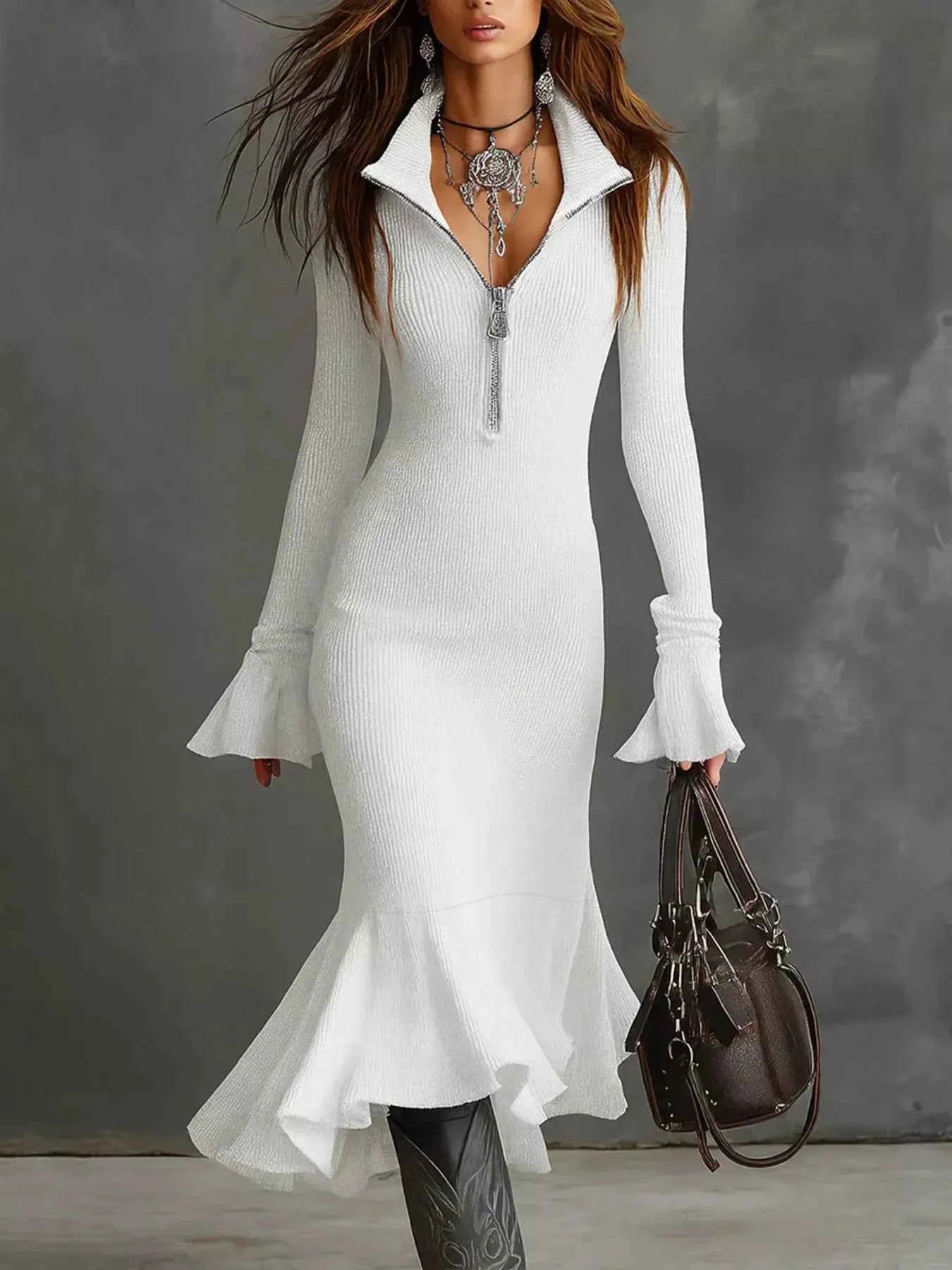 TEEK - Ribbed Knit Zip Front Flare Hem Midi Dress Trendsi White S