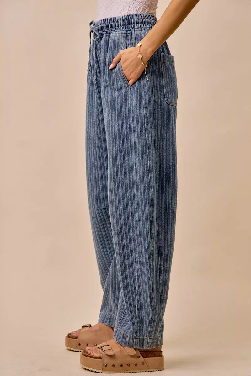 TEEK - Striped Denim Barrel Jeans Drawstring Waistband JEANS TEEK Trend
