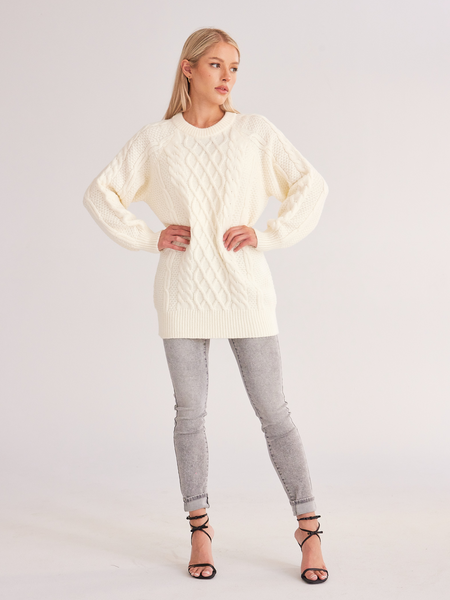 TEEK - Off White Oversized Crewneck Cable Knit Sweater Dress SWEATER TEEK W   